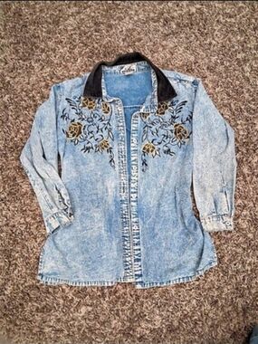 Vintage CZ Embroidered Denim Button Down
